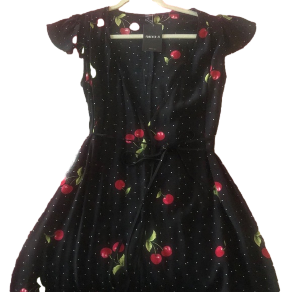 Forever 21 Black Polka Dot Wrap Dress with Cherries